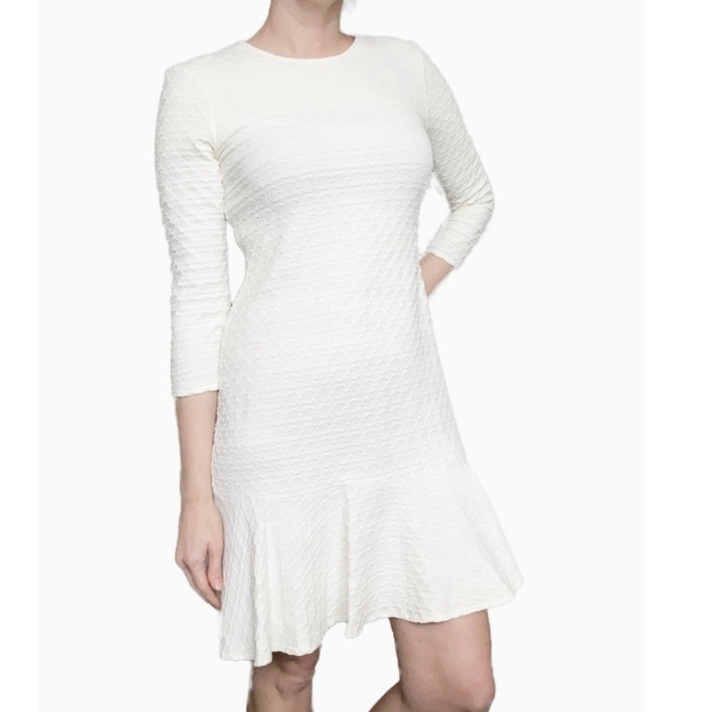 SHOSHANNA Long Sleeve Ruffled Crew Neck Sheath Textured White Dress Sz 12